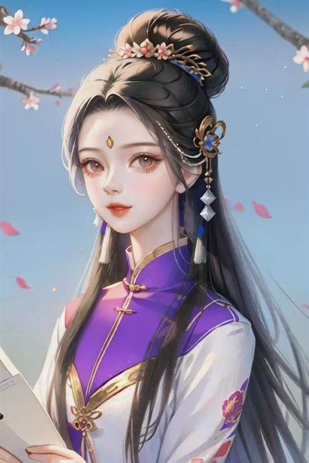 1girl, beads, black hair, blue background, branch, brown hair, chinese clothes, earrings, falling petals, flower, hair bun, hair ornament, jewelry, long hair, looking at viewer, paper, petals, single hair bun, solo, upper body,(shiny skin),(masterpiece:1.4),(best quality:1.4), <lora:animeV2.2:0.800000>