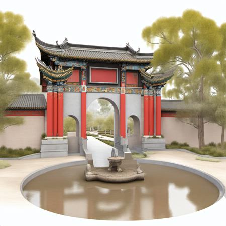 a architectural drawing of a siheyuan, fountain in middle, classical design, traditional design, trees