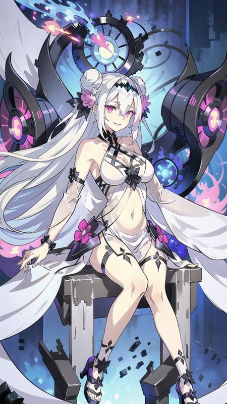 1girl, solo, white hair, abyssal ship, long hair, high heels, flower, breasts, navel, glowing, blue fire, detached sleeves, abyssal ship, hair ornament, pink eyes, pale skin, hair bun, glowing eye, dress, white dress, smile, white skin,  <lora:EmpressIIIV1-000008:0.7>, EmpressIII, sitting,