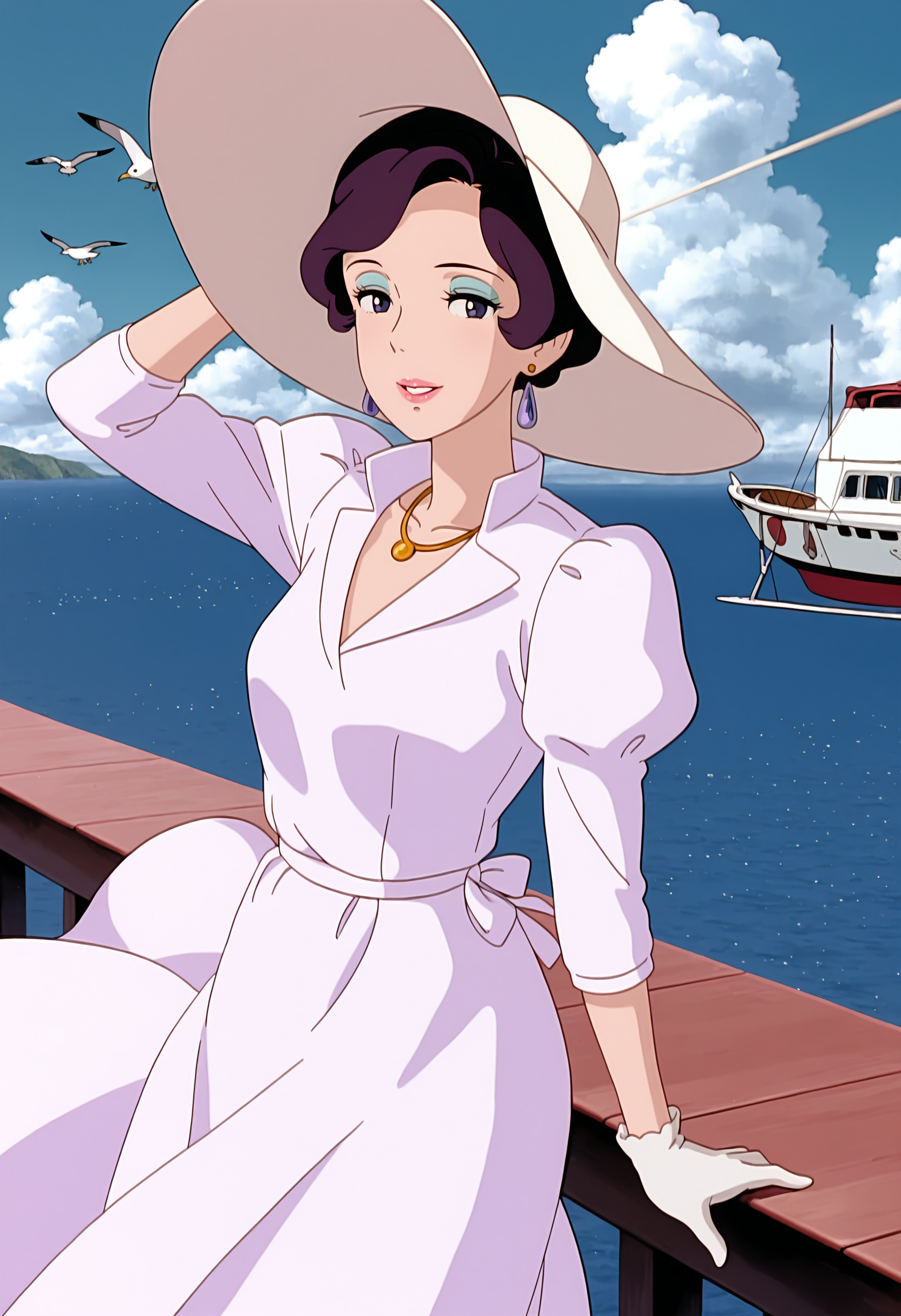 A woman with brown eyes, short dark purple hair, and a calm, elegant smile standing on a seaside pier holding the brim of her large hat with her right hand while her left hand rests on the railing. She is wearing a white dress with puffed, three-quarter length sleeves, a wide-brimmed white sun hat, short white gloves, a gold necklace, and blue earrings. The background shows a vast blue ocean under a partly cloudy sky, with seagulls in flight, the stern of a white boat to the right, and a distant green shoreline to the left.