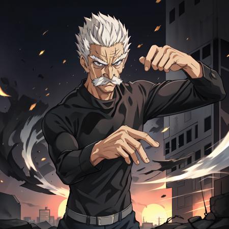 sbang(one punch man), 1boy, solo, facial hair, white hair, short hair, old man, muscular, ((male focus)), middle body, standing, ((black eyes)), ((grey eyes)), ((black shirt)), on frame, fighting stance, city, sunset, blue sky, destroyed city, beard, old, scar, manly, ((five fingers)), long sleeves, mustache, old, <lora:sbang_onepunchman:0.7>, <lora:thickerLinesanimeStyle:0.7>