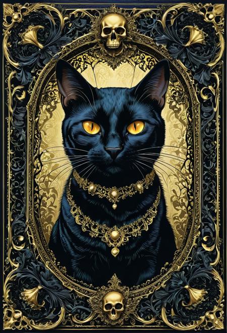 A gothic halftone depiction portrays a menacing-looking black cat with luminescent eyes. The feline dons a collar adorned with a skull-shaped pendant. Centralized in an ornate frame, the illustration features intricate components such as bones, skulls, and bat wings. Beneath the frame, a substantial gem radiates a mystical aura. Enveloped in a dark and enigmatic backdrop, the entire piece exudes a somber, eerie, and occult ambiance.