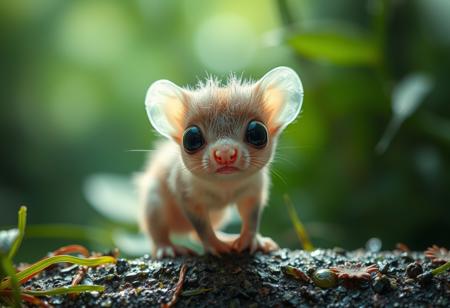 furry little translucent mammal in a rain forest zoomed in, rainbow of light reflection off dew, green and vivid colors, wild fog, large eyes, transparent body