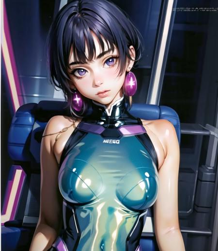 1girl,  masterpiece, best quality, extremely detailed 8K wallpaper,  ultra detailed, volumetric lighting,  light, shinny, best anatomy, detailed eyes, beautiful eyes, best shadow, ultra detailed,   <lora:meifon-000025:0.8>, meifon,   breasts,   jewelry,  earrings, cyberpunk city, neon lights ,   <lora:conceptHolographic_holographicClothing:0.7>, holographic, holographic clothing,  white transparent holographic clothing,