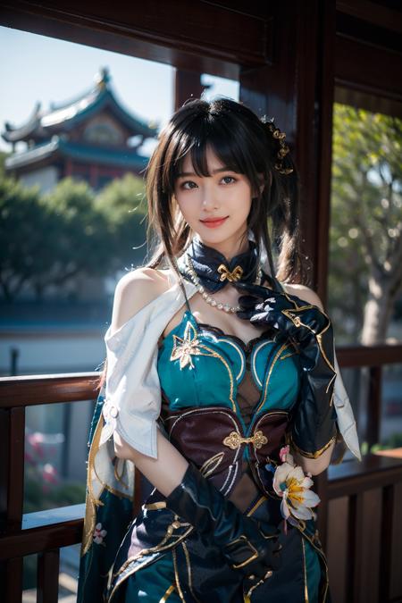 best quality, masterpiece, photorealistic, 1girl, solo, standing, cowboy shot, looking at viewer, smile, closed mouth, bangs, hair between eyes, ruanmei cosplay costume, china dress, chinese clothes, cosplay, ruanmei, dress, gloves, elbow gloves, hair ornament, jewelry, <lora:starrail_Ruanmei_cosplay_v1:0.7>