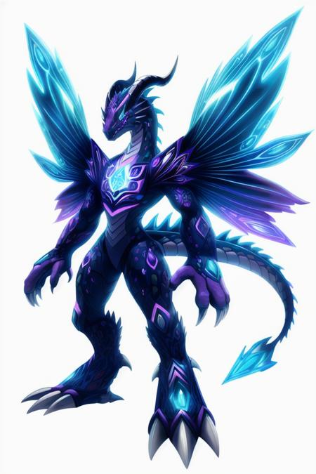 Solo, symmetry, Digimon, digimon \(species\), x-digimon, outline, white background, <lora:DigimonLoraV1:1> (Colossal Luminous Bioluminescent Vintage Fractal,  Four-Fingered Hands, Quadrifurcated-Tailed Forked-Tailed, Iridescent Skin, Furry Ears, Dragon Wings, Straight Horns  Jaguar Spot Texture)