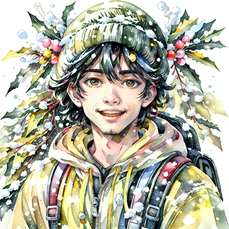 GachasplashMistletoe, solo, looking at viewer, smile, open mouth, black hair, 1boy, hat, white background, male focus, hood, black eyes, hoodie, backpack, snow, realistic, beanie, leaf, yellow theme, yellow wash, yellow splash, watercolor painting, ink splash, watercolor paper , traditional art , christmas tree, faded, mistletoe, snow, ice, frost, wreath, <lora:GachasplashMistletoe:0.8>