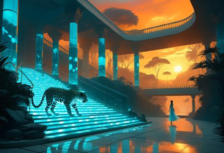 (by Ellen Jewett:1.5), (Bioluminescent Impressionism,woman stroking giant sleek feline creature jaguar like, sleek ivory cybernetic architecture looming over the jungle ivory inlaid, carrefully polished wood structure, organic shapes, turquoise columns and white marbles stairways,  walking peacefully in long and transluscent dress, orange sunset, golden hour, dense mist, monochrome and black shadows, orange light ethereal landscapes, dynamic light, depth of field, biotech emotion:1.3) <lora:xl_more_art-full_v1:0.5> <lora:add-detail-xl:1> <lora:RMSDXL_Creative:2>