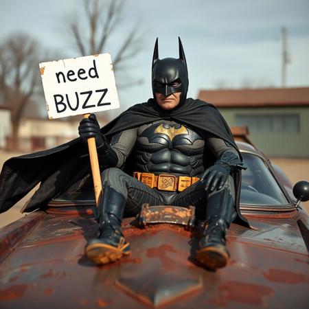 77 year old Batman in worn out batman bodysuit and ripped worn cape sitting on hood of his rusted and worn Batmobile glonker holding sign "need BUZZ"