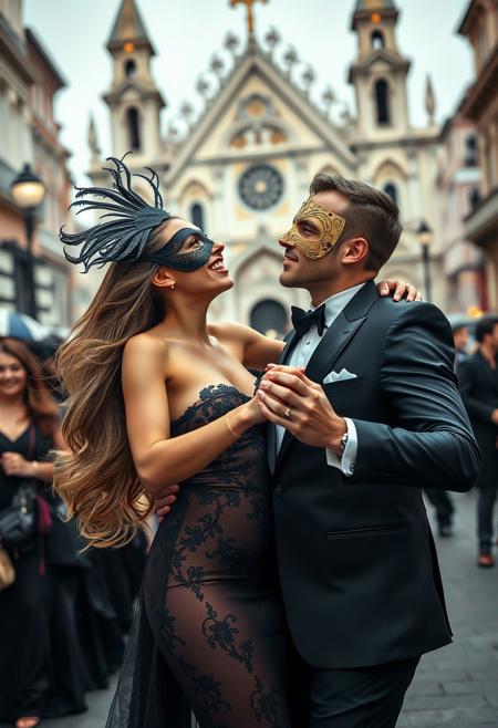 A snapshot photograph of a stunningly beautiful rich young Venetian woman with long flowing hair, huge breasts, tiny waist, and a sexy body wearing expensive evening wear and a black emroidered Venetian mask having a blissful trembling orgasm at Carnival in front of the St. Mark's Cathedral in Venice while dancing on the crowded street with a handsome man in a tuxedo wearing a Venetian mask. Everyone on the street is similarly dressed and wearing Venetian masks.