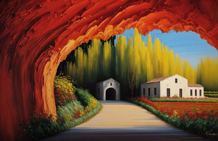 (style of Josh Adamski:1.05), scene painting,scenery,a painting, yard ,orchard ,terrace ,hacienda , Cave/Karst ,