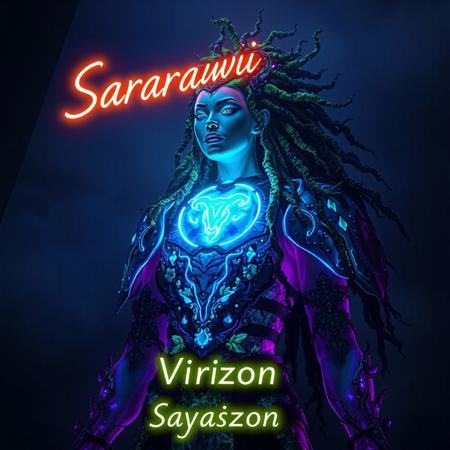 ansitions with the ethereal grace of the bioluminescent translucent fungus, Moss, and seaweed she embodies. Her body is adorned with a set of intricately crafted Bioluminescent translucent Virgo alexandrite colors zodiac armor, which casts a mesmerizing glow that outlines her form. The Virgo sign, prominent on her chest plate, pulses in vibrant neon colors, symbolizing her deep connection with the cosmos and the wisdom it holds. Her hair looks like Bioluminescent translucent roots, vines, fruit-steams, and wood Dreadlocks. Floating above her in majestic neon letters is her name, "Saraswati," illuminating the scene with an otherworldly presence. At the bottom of the picture, the word "kyōzon" is inscribed in neon colors, a subtle nod to the Japanese term for "hallucination," hinting at the surreal and fantastical nature of her existence. Her character sheet, displayed with 50 distinct and realistic fungi-based superpowers, adds a layer of depth and intrigue to her mystical aura. moody backdrop, contrasting with the vivid neon elements and emphasizing her as the focal point of the composition. The visual symphony of colors, textures, and forms come together to create a captivating portrayal of a powerful being that is both of this world and beyond it.
