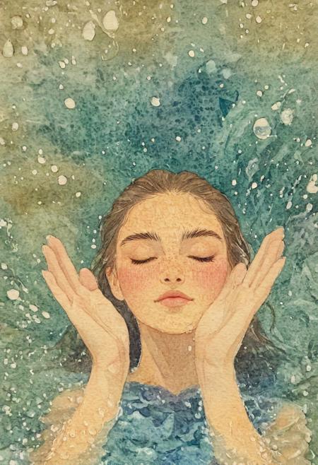Watercolor image
A serene, intimate image of a woman in a pool, shot from the front. She's pressing her hands together above her head, lifting them through the water, creating splashes and suspended droplets around her face. Her eyes are closed or half-closed in a calm, meditative expression. Natural lighting, soft and diffused, creates a gentle, dreamy atmosphere. Slight motion blur on the water droplets for realism. Shallow depth of field with the focus on the face and water textures. The photo feels candid and emotional, evoking peace and introspection.  green and teal tones in the water.
novuschroma75 style watercolor,