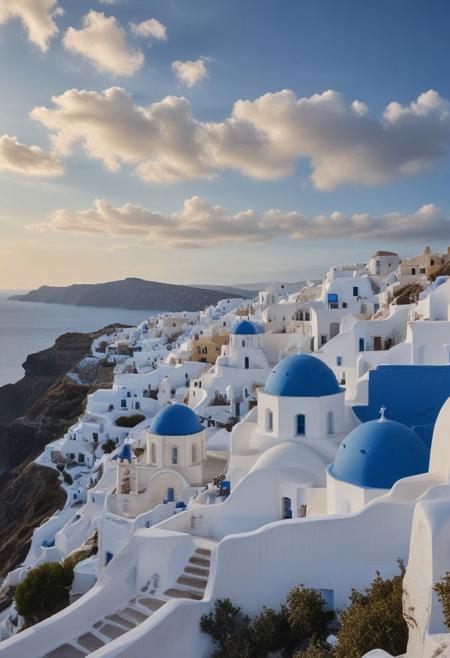 masterpiece, photorealistic, santorini, white buildings, blue sea, wispy clouds, empty