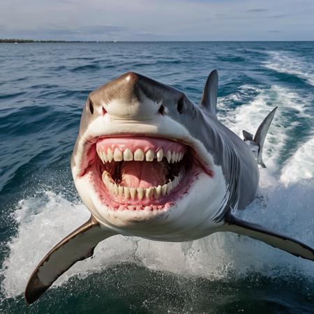 photo of a happy shark jumping out of the water behind a boat wearing huge (dentures:1.9) with huge teeth and has a human tongue, buck teeth