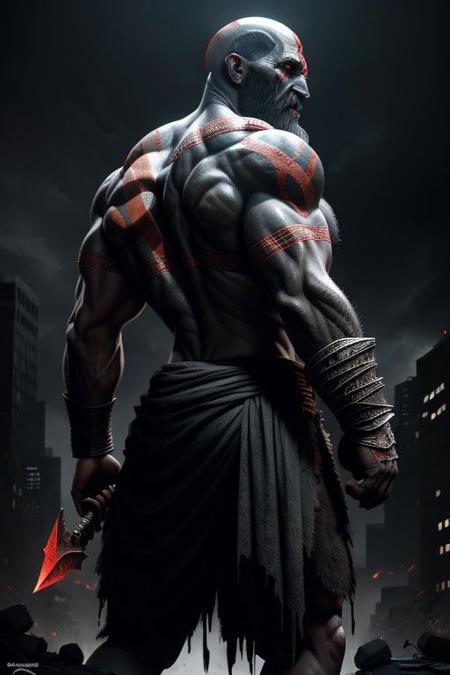 god of war,looking back at viewer,upper body,standing,bagging a black Evil Ghost Face teddy bear,against the backdrop of the (ruined city:1.1) unreal engine style of Artgerm finely detail,ultra-detailed,highres,