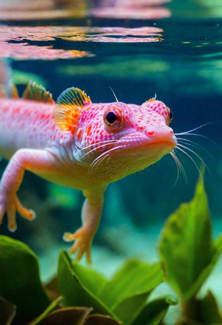 Whimsical charm, aquatic wonder, crystal-clear resolution, ultra-vibrant, UHD innocence, depth of freshwater, axolotl, swimming gracefully in a serene underwater garden, aquatic plants around, translucent skin, nearby, dappled underwater light, curious smile, (soft water glow:1.2), delicate gills fanning gently