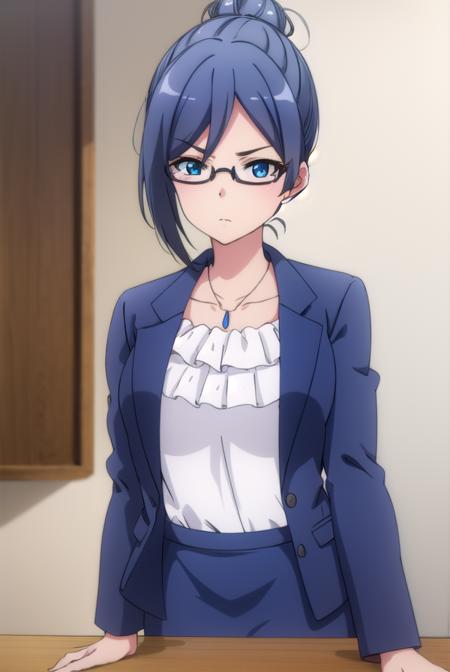 beatriceroegner, <lora:beatrice roegner s2-lora-nochekaiser:1>,
beatrice roegner, short hair, blue eyes, blue hair, glasses, hair bun, single hair bun, semi-rimless eyewear,
BREAK skirt, shirt, jewelry, collarbone, jacket, white shirt, pantyhose, necklace, blue skirt, black pantyhose, formal, single hair bun, suit, blue jacket, pencil skirt, teacher, skirt suit,
BREAK indoors, classroom,
BREAK looking at viewer,
BREAK <lyco:GoodHands-beta2:1>, (masterpiece:1.2), best quality, high resolution, unity 8k wallpaper, (illustration:0.8), (beautiful detailed eyes:1.6), extremely detailed face, perfect lighting, extremely detailed CG, (perfect hands, perfect anatomy),