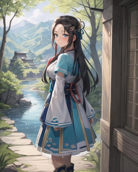 best quality, (masterpiece:1.2), illustration, absurdres,
(1girl, solo), (beautiful detailed girl),
<lora:LadyHayakawa:0.9>, Lady Hayakawa, black hair, long hair,  blue eyes, small breasts, hair ornament,
aqua dress, grey boots,
grassy mountains, trees, japanese architecture, river, plants,,
looking at viewer, gentle smile, blush,
(covering mouth:1.2), from behind,