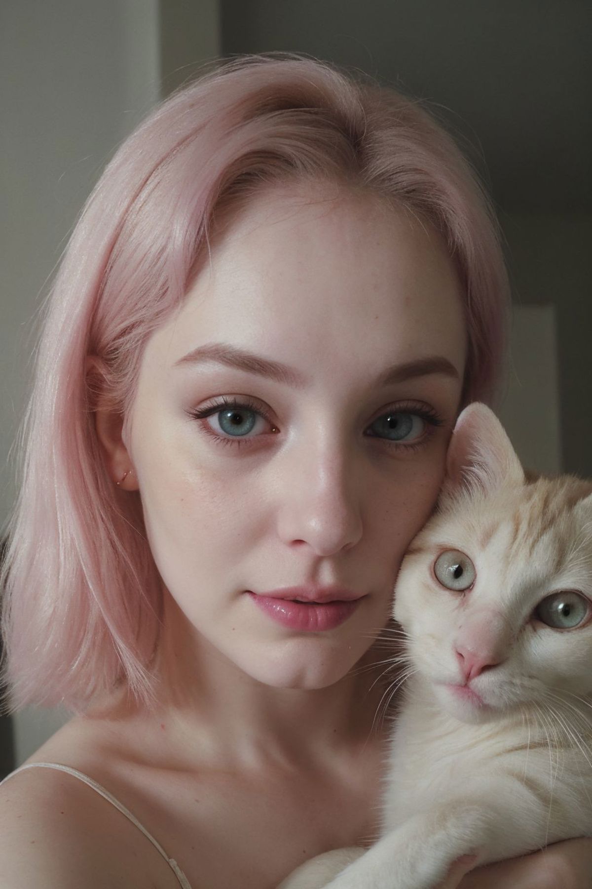 Woman with pink hair holding a white cat with green eyes.