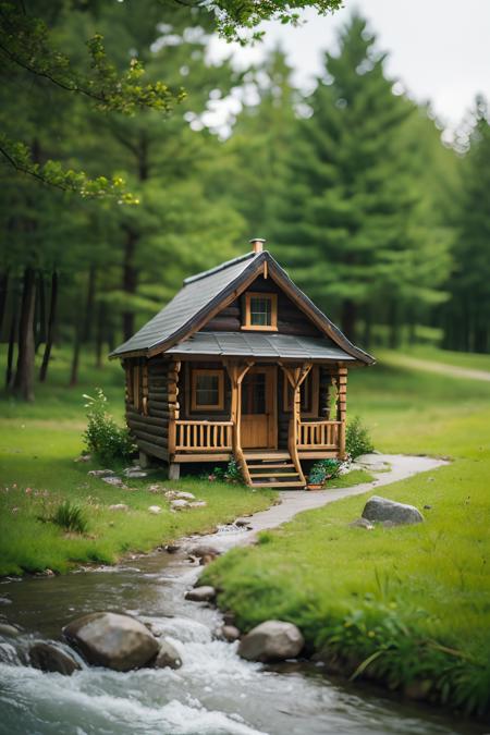 real,realistic,photorealistic,RAW photo,a tiny cabin,(tilt shift:1.2),tree,river,