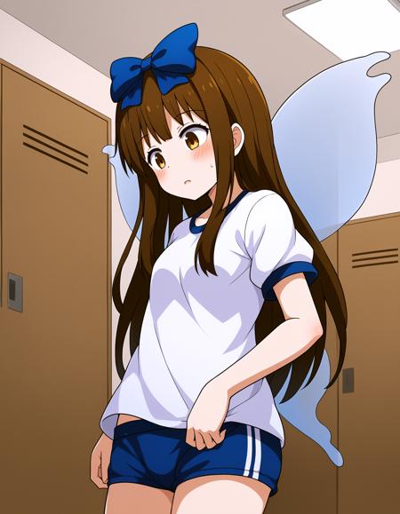 star sapphire, touhou, long hair, fairy wings, brown eyes, brown hair, hair bow blue dress, juliet sleeves, brown boots, ribbon, (star-printed skirt, starry skirt:1.2), star \(symbol\)