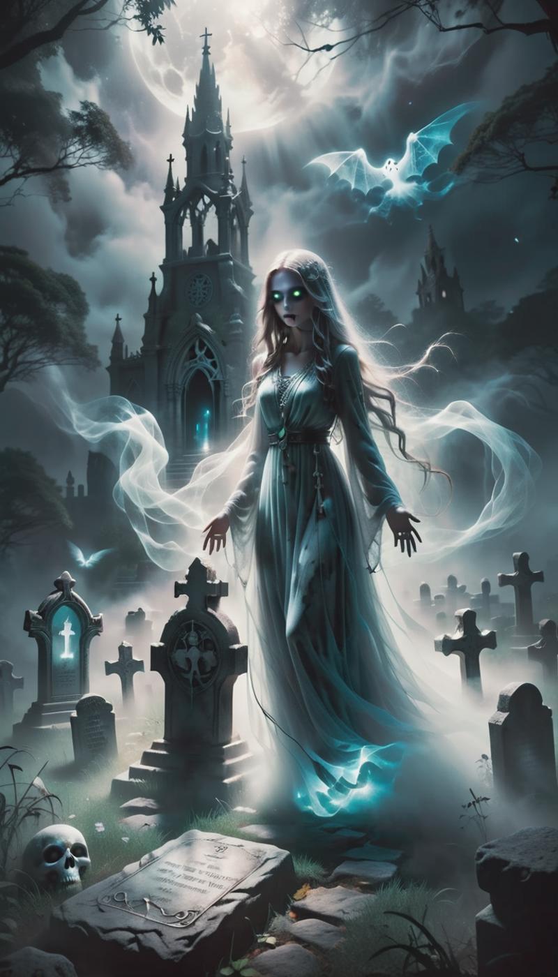 A painting of a woman in a white dress, surrounded by gravestones, with a dark background.