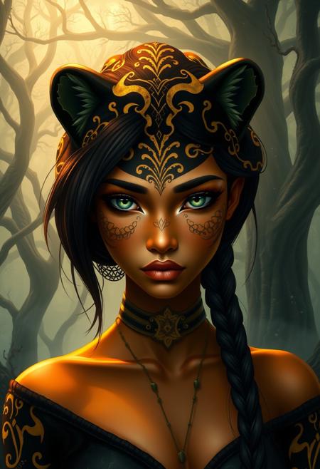 A vertical image of an anthropomorphic humanoid woman who is part black jaguar with distinct, intricate gold fractal markings, and part Pacific Islander with warm skin tones, unified by a unique, long hairstyle. Her features are perfectly aligned to emphasize that she is one specific individual. She has expressive green eyes that blend mystical and human qualities. The style is a blend of whimsical and surreal art with dark fantasy elements. The background is a haunted, misty forest with ancient trees, and the lighting is dramatic, creating a mysterious, ethereal atmosphere. The scene combines realism with vintage and impressionist influences