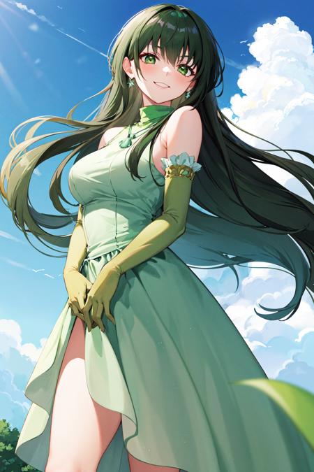 masterpiece, best quality, highres, dark green hair, green eyes, jewelry, necklace, bare shoulders, turtleneck, green dress, elbow gloves, green gloves, <lora:touin_rina_v1:0.7>, cowboy shot, standing, outdoors, smile, arms at sides,