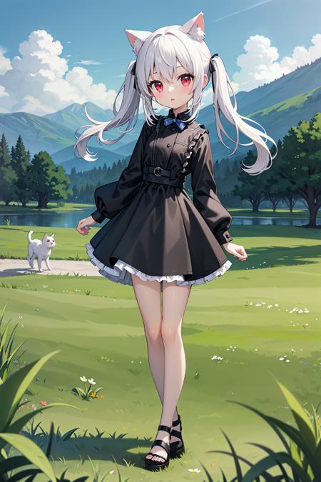 (((masterpiece))), best quality, illustration, 1girl with light white long hair, beautiful detailed red eyes, light white long straight hair, (cute), (petite), slim, solo, solo focus, standing, full body, cat ears, twintails, pure black shirt, skirt, sky, grass, mountains