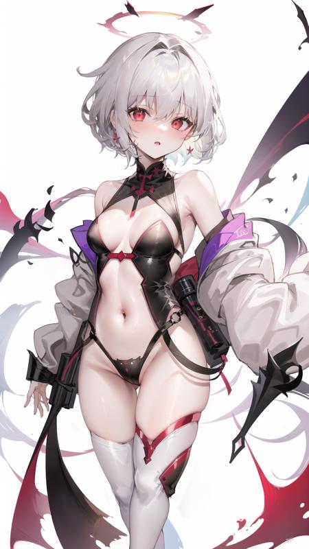 1girl, bare shoulders, breasts, detached sleeves, floating, highleg, highleg leotard, leotard, short hair, long sleeves, looking at viewer, navel, red eyes, simple background, small breasts, solo, standing, thighhighs, white background, white hair, white legwear, (((upper body:1.2))), 

 <lora:123456:0.5> <lora:12345:0.5>