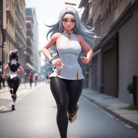 1girl, beautiful, white dress, black leggings, running towards viewer, looking at viewer, facing viewer, solo focus, pretty face, <lora:ark_fortnite_1:0.8>, full body, 3d,