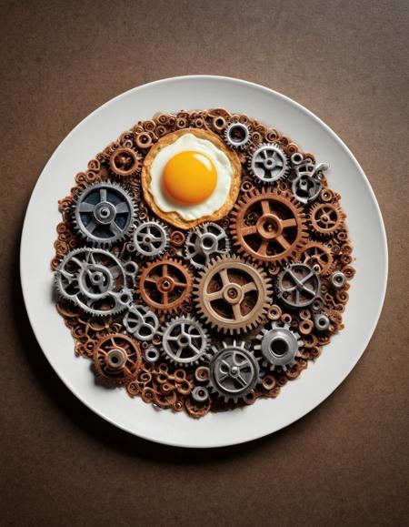 A plate of breakfast, but the breakfast is made of gears  <lora:gearstyle:1>