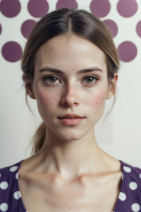 AlexNoiret, razored combover bob haircut, young woman, ((slim, fit, lanky, coltish)), purple polka dot dress, spaghetti straps, looking at viewer, Hasselblad H6D, 80mm portrait, natural lighting, oiled skin, perfect eye blush, slightly open mouth, long eye lashes, <lora:epiCRealismHelper:0.2>, <lora:hairdetailer:0.3>, ((purple polka dot backdrop:1.3)), detailed skin texture, (blush:0.5), (goosebumps:0.5), subsurface scattering, RAW candid cinema, 16mm, color graded portra 400 film, remarkable color, ultra realistic, textured skin, remarkable detailed pupils, realistic dull skin noise, visible skin detail, skin fuzz, dry skin, shot with cinematic camera