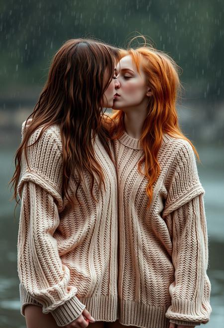 Slutty ginger twin women wearing tight and skimpy fuzzy sweaters, kiss while in a wet t-shirt contest, Canon R7, subsurface scattering, DSLR,