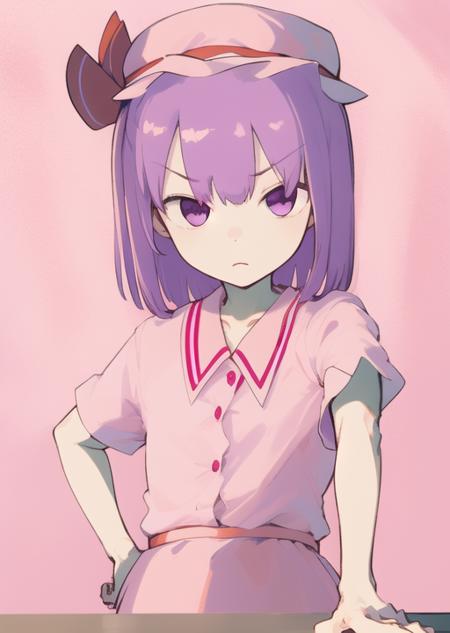 1girl, solo, remilia scarlet, hsk, purple hair, pink hat, pink shirt, pink skirt, expressionless, eyes visible through hair, masterpiece, high quality, detailed, <lora:hsk03:1>,