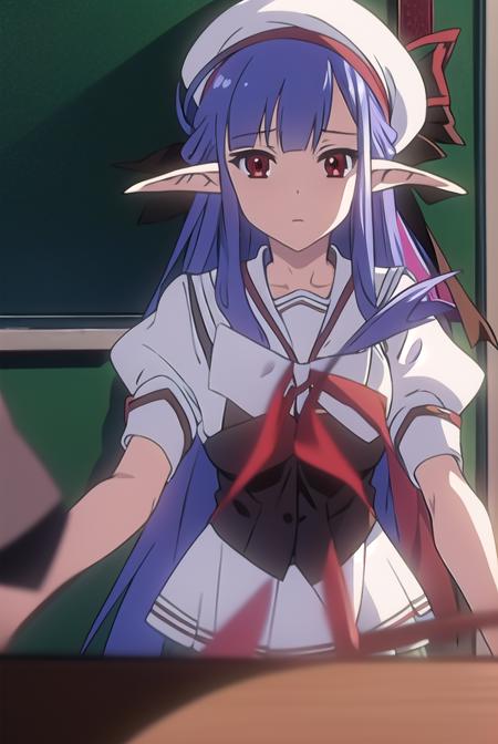 shufflenerine, <lora:nerinetest:1>,
nerine, long hair, blue hair, pointy ears, (red eyes:1.5),
BREAK skirt, hat, school uniform, short sleeves, socks, puffy sleeves, puffy short sleeves, beret,
BREAK looking at viewer,
BREAK indoors, classroom, 
BREAK <lora:GoodHands-vanilla:1>, (masterpiece:1.2), best quality, high resolution, unity 8k wallpaper, (illustration:0.8), (beautiful detailed eyes:1.6), extremely detailed face, perfect lighting, extremely detailed CG, (perfect hands, perfect anatomy),