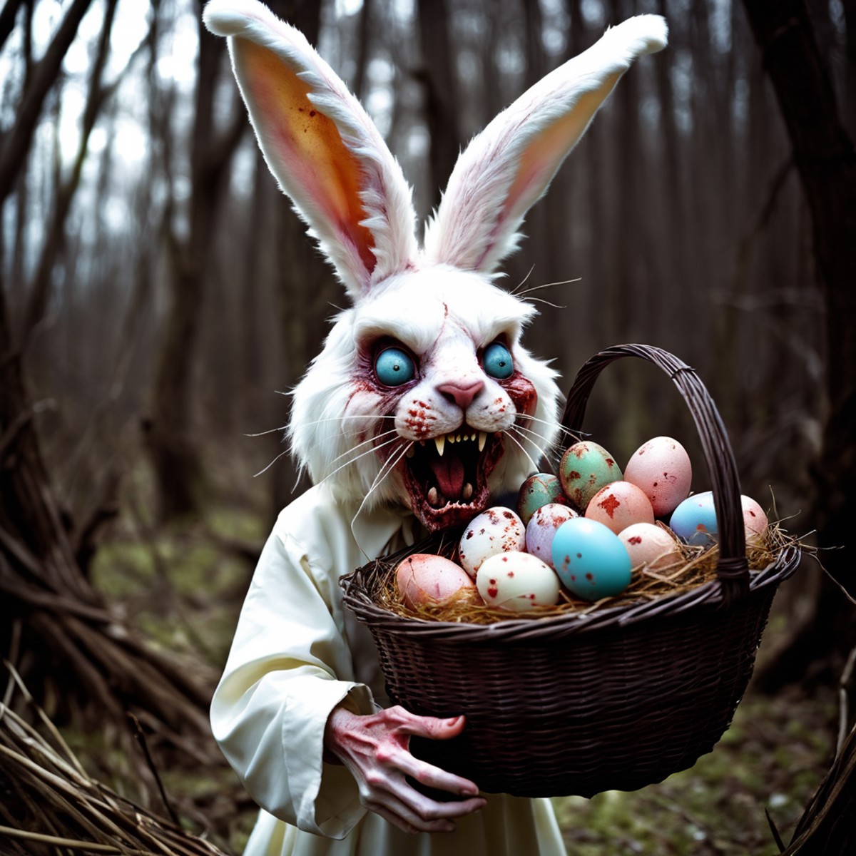 Dreamscape A zombie Easter bunny with matted fur, one ear torn off, decaying flesh, and an unhinged jaw, carrying a wrecke...
