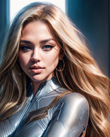 closeup headshot, RAW photo of a gorgeous woman as a superhero, blkblsm with long  flowing blonde hair, (wearing full body superhero suit:1.2), (marvel themed), 70mm professional photography, full detail, detailed face, 8k uhd, dslr, soft lighting, high quality, film grain, Fujifilm XT3,  <lora:add_detail:1>