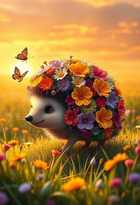 A hyper-stylistic, extremely detailed image depicts an adorable hedgehog, reminiscent of a Pixar film, covered in gorgeous, colorful flowers, playing joyfully in a sunset-filled meadow. The hedgehog's quills are adorned with a vibrant array of blooms, each one perfectly placed to create a stunning display of color and texture. The meadow around it is a kaleidoscope of warm, golden hues, with delicate, swaying grasses and a few wispy clouds drifting lazily across the sky. The hedgehog itself is a bundle of energy, its little legs moving quickly as it chases after a butterfly or plays with a flower. Every detail of the image is meticulously crafted, from the intricate, textured patterns of the flowers to the delicate, nuanced colors of the meadow. The overall effect is one of whimsical, sun-kissed joy, as if the viewer has stumbled upon a hidden treasure of natural beauty and wonder. highest-Quality, intricate details, visually stunning, Masterpiece
