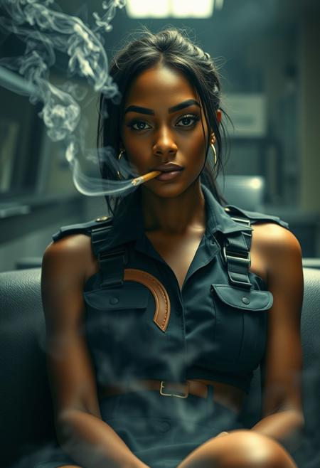 Highest quality, (cinematic lighting:1.1), action movie film still, (a happy black rookie woman police officer smoking a blunt), perfect face, detailed facial features, alluring eyes, (wearing naughty police uniform with short skirt and harness), smoke shoots out of both nostrils. Relaxing in the evidence room inside a police department, skinny body, mellow facial expression, small breasts, small ass, [slender hips], (highly detailed skin), smoke filled room, ambient light, photographed on a Nikon Z9, RF 35mm lens, F2.8, HDR, 8k, highly detailed, Cinestill 800T, dynamic angle, (full body:0.9)