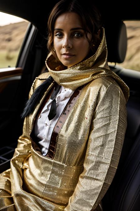 mummy costume ,  car interior , evening  <lora:Louise_Redknapp:1> mature l1873r, 1girl, solo, masterpiece, best quality, detailed face,