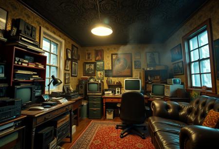 (ANTIQUE, NOSTALGIC, VINTAGE, RETRO THEMED DECOR), (Captured with a Hasselblad medium-format camera with a 80mm Zeiss lens at f/1.8), Sharp Focus. (Dynamic Random Angled Shot), Layered Foreground, (Fluorescent Lighting) with (Stark Contrasting Shadows), (cluttered detailed home office), [Smokey Windows], Retro Desk, (weathered leather desk chair, retro sofa), hoarder's paradise, hoarded vintage technology all over, (richly painted bright textured walls, dark embossed ceiling), (Creative Light Source), [[Extremely Subtle Glowing Light]], ZOOM-OUT,