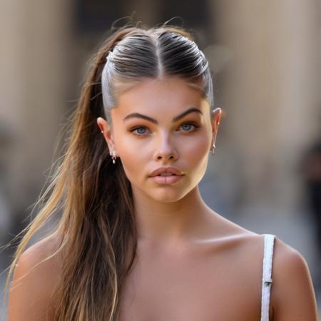 <lora:thylane_blondeau_xl_lora :1>  thylane blondeau A half body Portrait of a beautiful  woman, focus on eyes, sexy stare, dress as a roman goddess, eye level