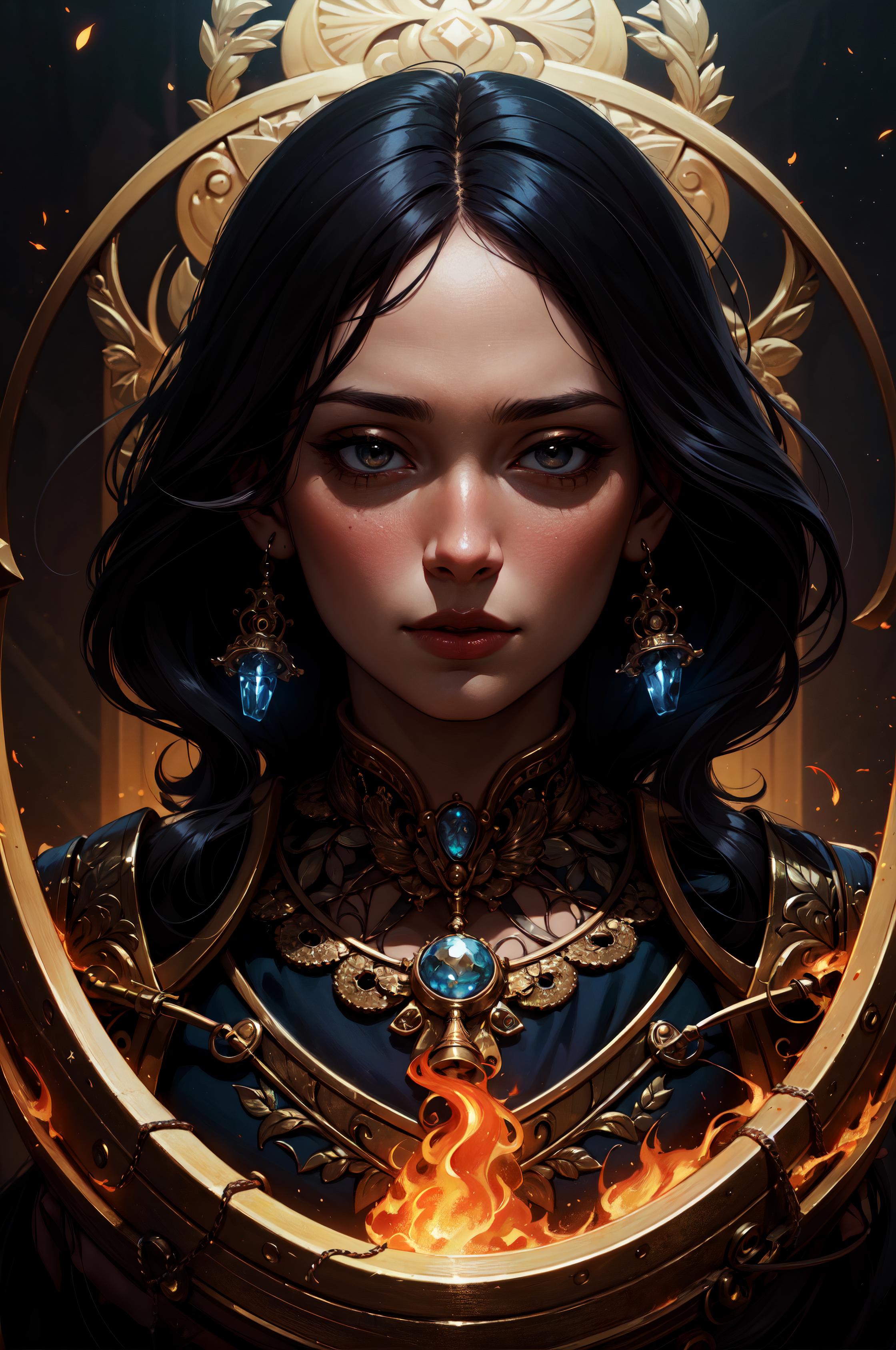 A dark-haired woman with blue eyes wearing a gold crown and jewelry, possibly an elf queen.