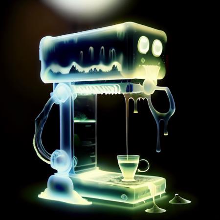 <lora:ectoV5:1> ecto a dripping transparent coffeemaker, HDR, in a cafe