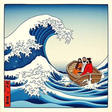 Jesus walking on water while his disciples watch from the boat, the water is the famous piece by Katsushika Hokusai “Under the Wave off Kanagawa”