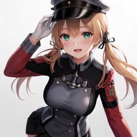 (masterpiece, best quality:1.2),illustration,8k,hd,1girl,solo,hat,blonde hair,twintails,uniform,gloves,hair ornament,military uniform,anchor hair ornament,peaked cap,white gloves,low twintails,iron cross,breasts,smile,long sleeves,military hat,long hair,green eyes,aqua eyes,microskirt,black thighhighs,black skirt,pleated skirt,<lora:Prinz Eugen-V1:0.7>,