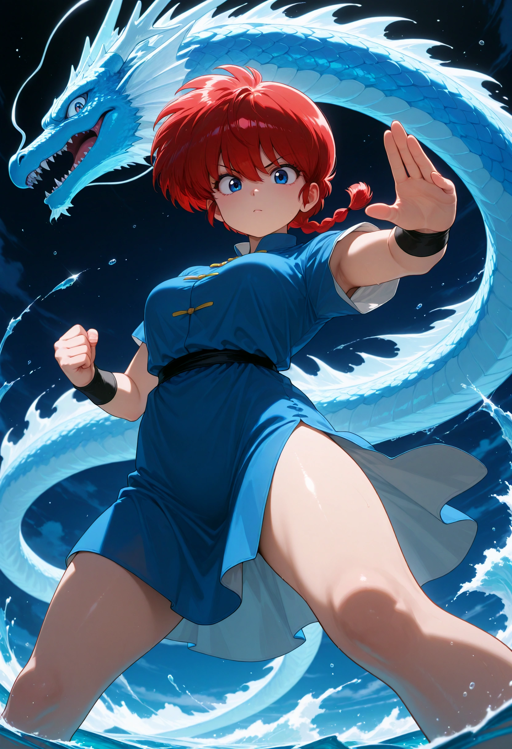 A determined young woman with red hair and blue eyes, wearing a blue dress with a black belt and black wristbands, standing in shin-deep water. She is facing forward, with a large, serpentine dragon with blue scales emerging from behind her. The background is dark with a night sky and splashes of water.