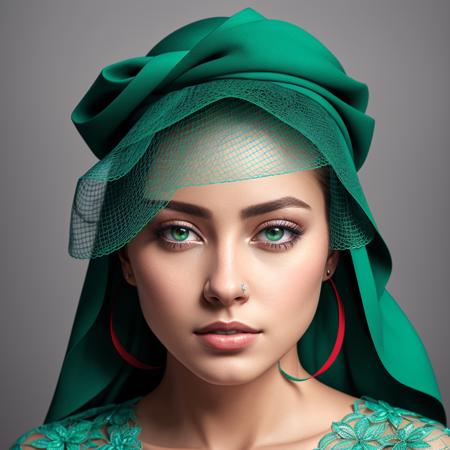 center of view for a a beautiful female in a blue  and green outfit with a veil on her head and a green and red veil on her head, Anthony Devas, a highly detailed digital painting, a detailed painting, photorealism